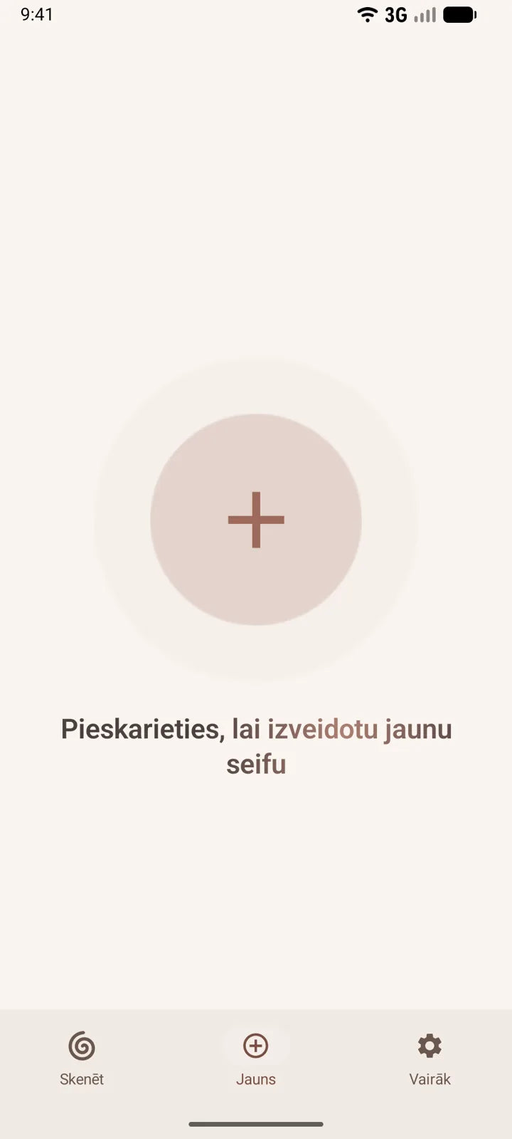 MI8OS lietotne Android tālrunī, jauna seifa izveide