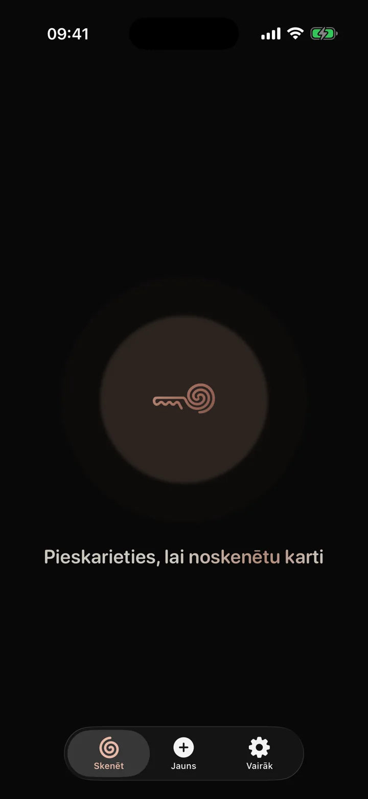 MI8OS lietotne iPhone tālrunī, gatava skenēt MI8OS Card