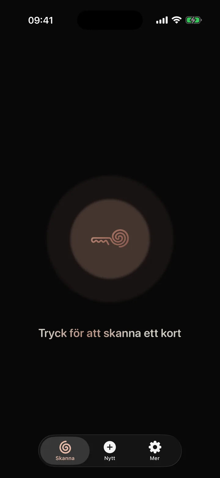 MI8OS-appen på iPhone, redo att skanna ett MI8OS Card