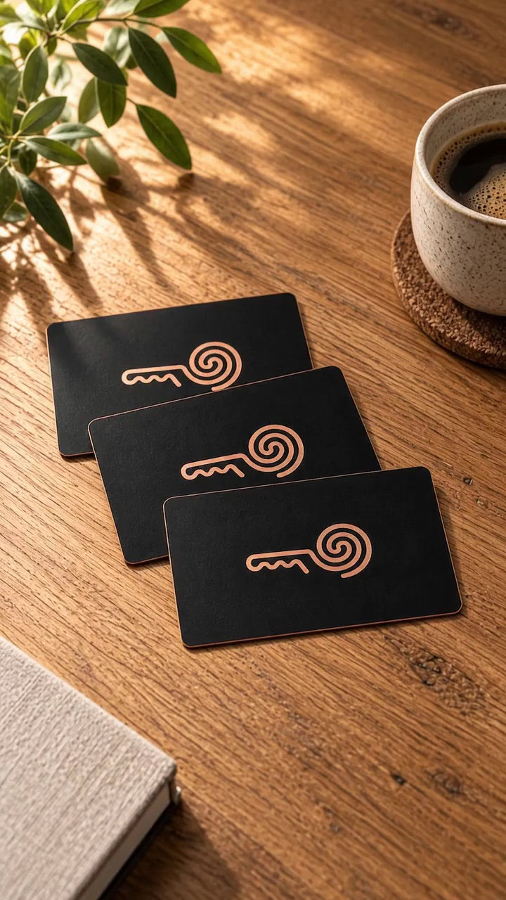 Three black MI8OS Cards on a wooden table