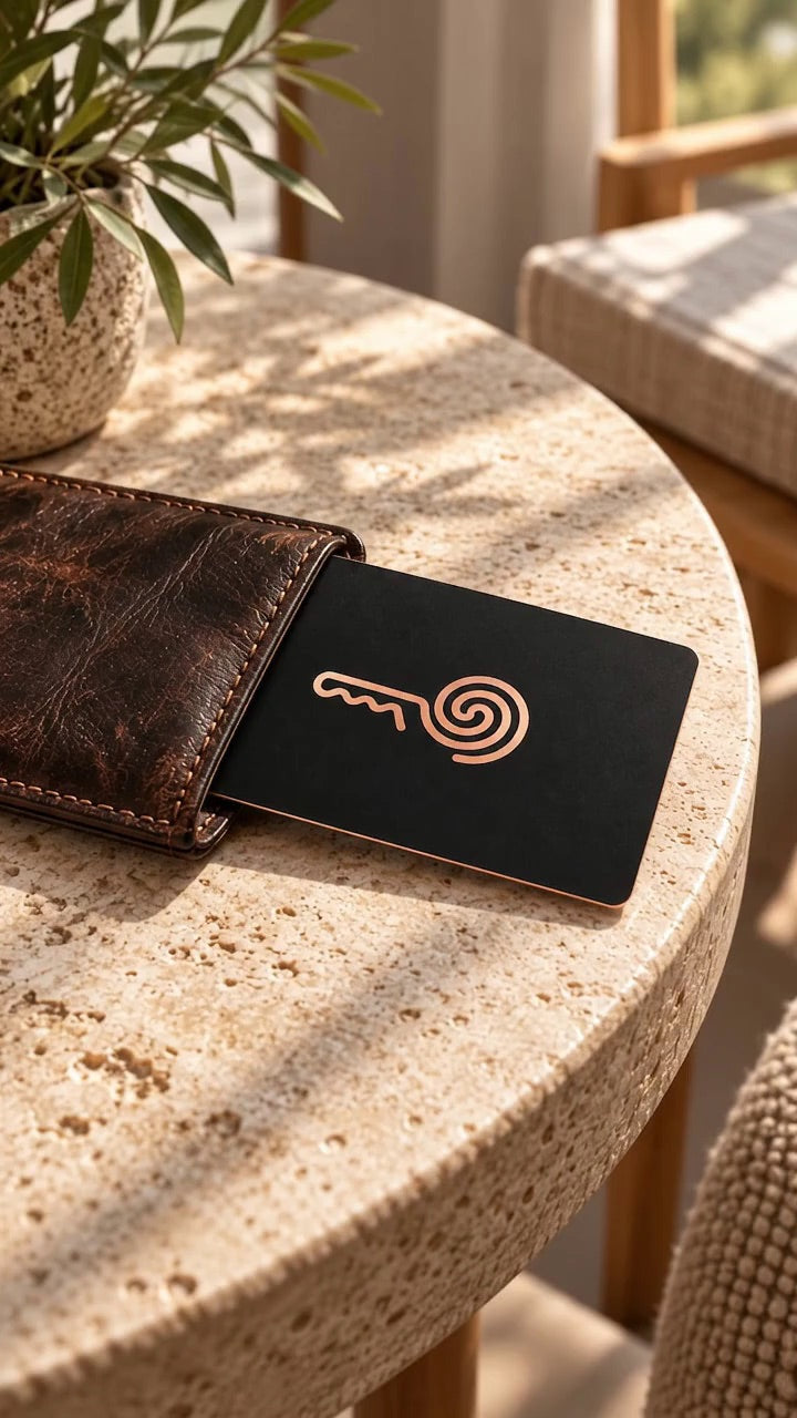 An MI8OS Card sliding out of a leather wallet